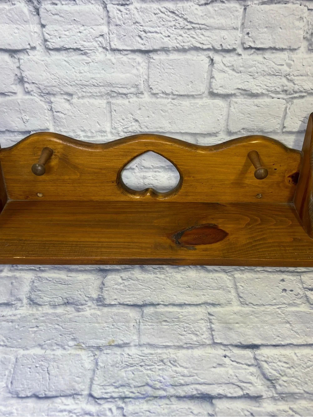 Vtg Handmade Wooden Heart Cutout Wall Shelf Cottage W/2 Pegs 28” Brown Farmhouse